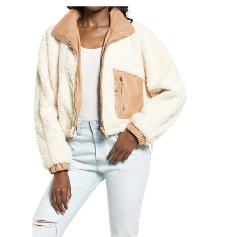 💼NWT Blank NYC Faux Shearling with Faux Leather Trim Bomber Jacket - Picture 3 of 13